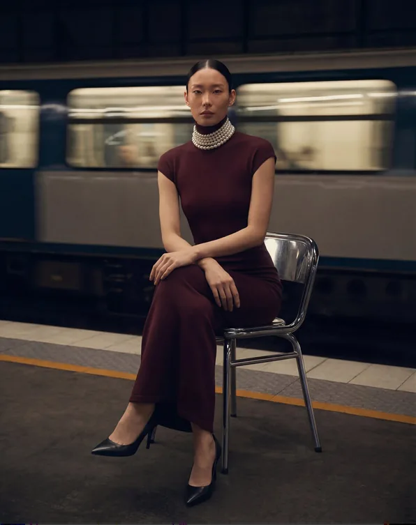 Woman in a burgundy dress on a metro platform. AI campaign image
